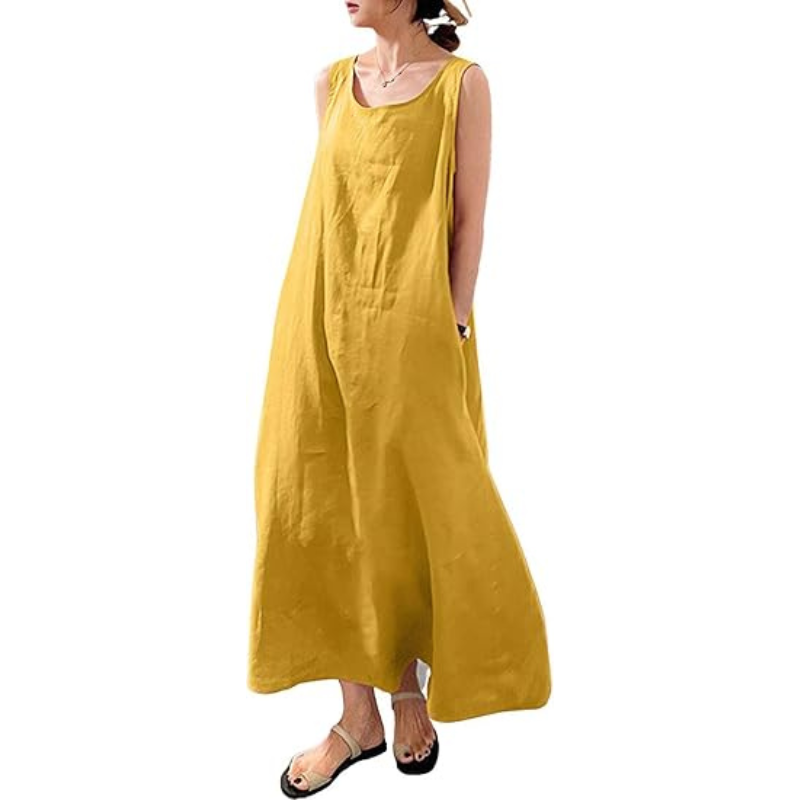 Women's Sleeveless Cotton-Linen Maxi Sundress with Pockets