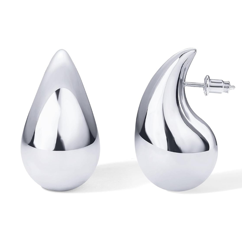 14K White Gold Plated Teardrop Hoop Earrings with Push Back Closure