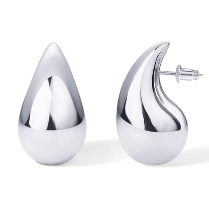 14K White Gold Plated Teardrop Hoop Earrings with Push Back Closure