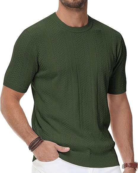 Men's Short Sleeve Hollow-Out Knit Crewneck Pullover