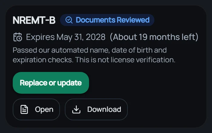 An NREMT-B card marked Documents Reviewed, with its expiration date